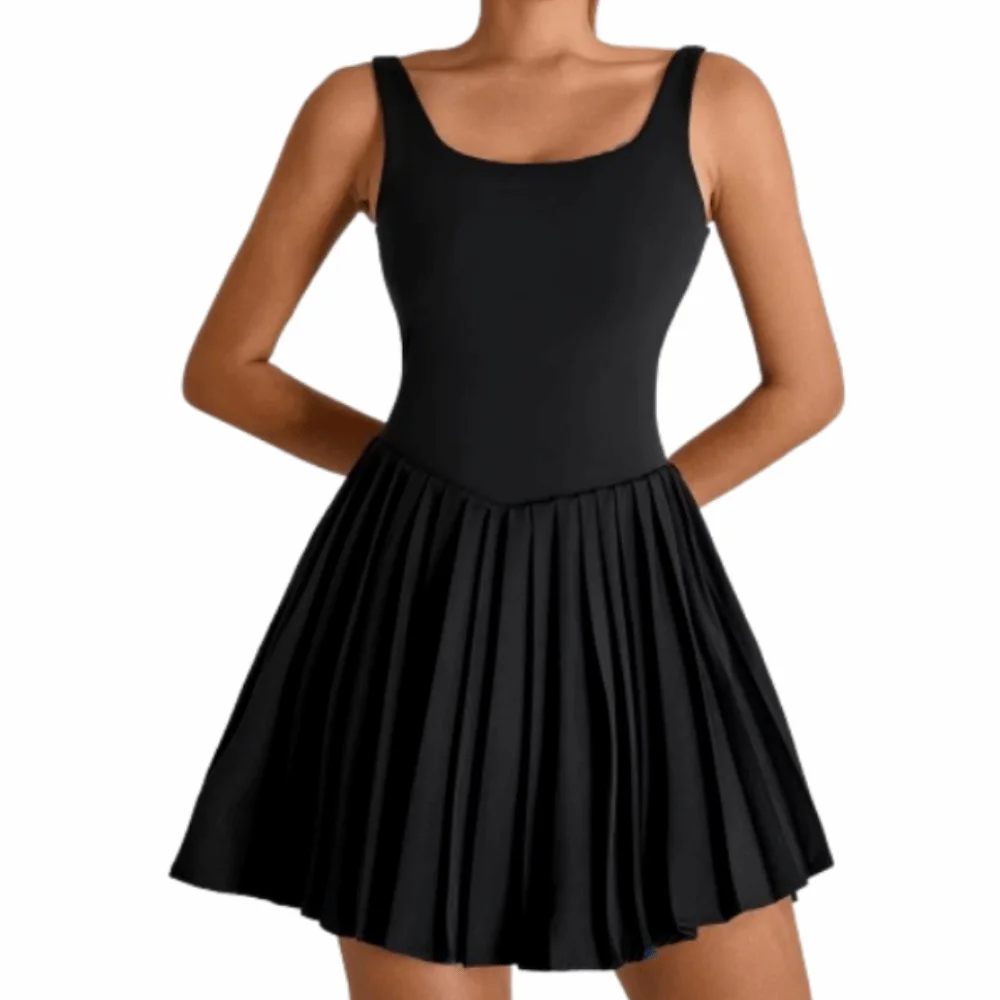 Hollow Out Women Tennis Dress Sleeveless Lace Up Badminton Skirts Buit-in Short High Elasticity Yoga Fitness Dress Tennis Golf