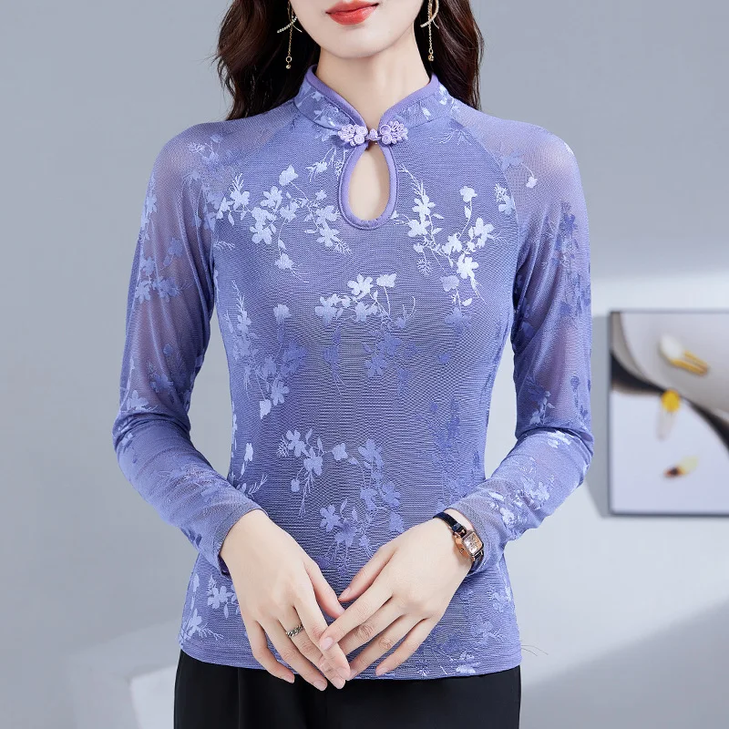 High Elasticity Mesh Tops 2024 Autumn Winter New Stand Collar Long Sleeved  Jacquard Women T-shirt Clothes