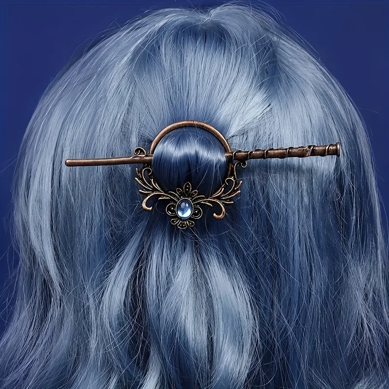 1-teiliger Haarstab im Vintage-Stil: Kupfer – getönt mit blauem Edelstein und verziertem Blumenmuster, perfekt für Boho- und Fantasy-Looks – Detail 3
