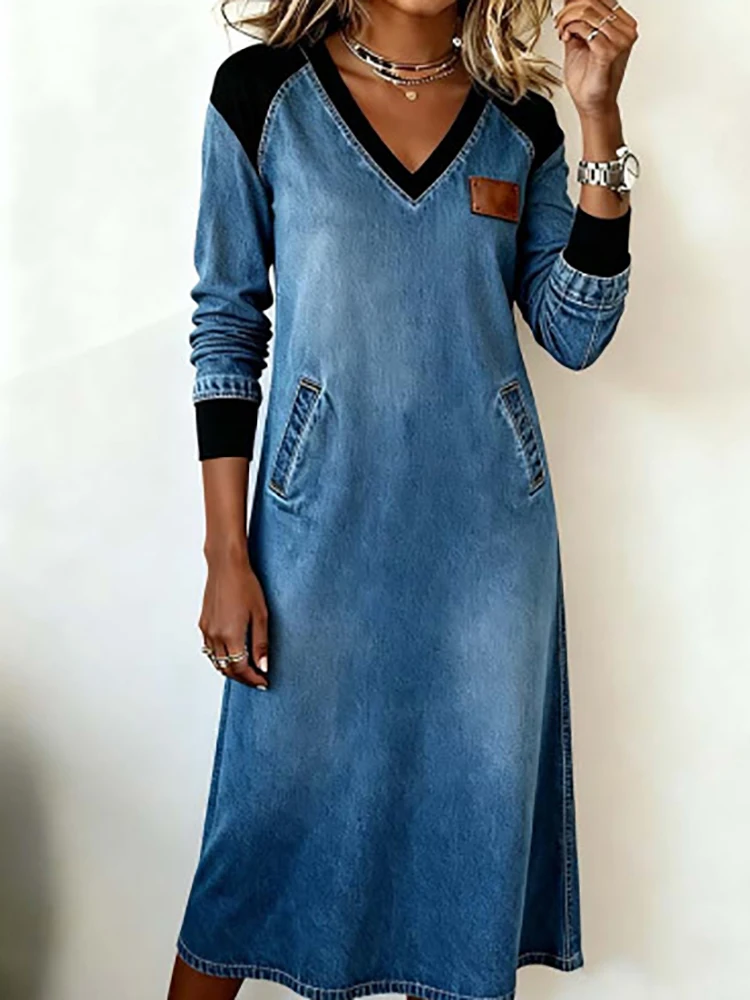 เดรสยาวแขนยาวลายปะติดสุดหรูสำหรับวันหยุด, เดรสคอวีสำหรับผู้หญิงใส่ในฤดูใบไม้ร่วงและฤดูหนาว, เดรสลำลองเรียบง่ายสไตล์ชิคสำหรับงานปาร์ตี้, เดรสผู้หญิงทรงหลวมสไตล์เรียบง่ายสำหรับปี 2025