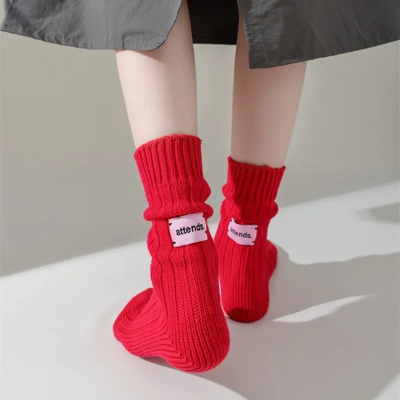 

2Pairs Pink Label Solid Color Raw Embryo Cotton Thick Thread Knitted Medium Tube Socks Internet Celebrity Women's Stacking Socks