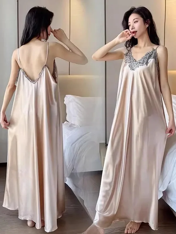 

Летнее женское длинное вечернее платье больших размеров с кружевной отделкой V-Ne Ice Silk Sp Dr, роскошная домашняя одежда, ультра большой размер