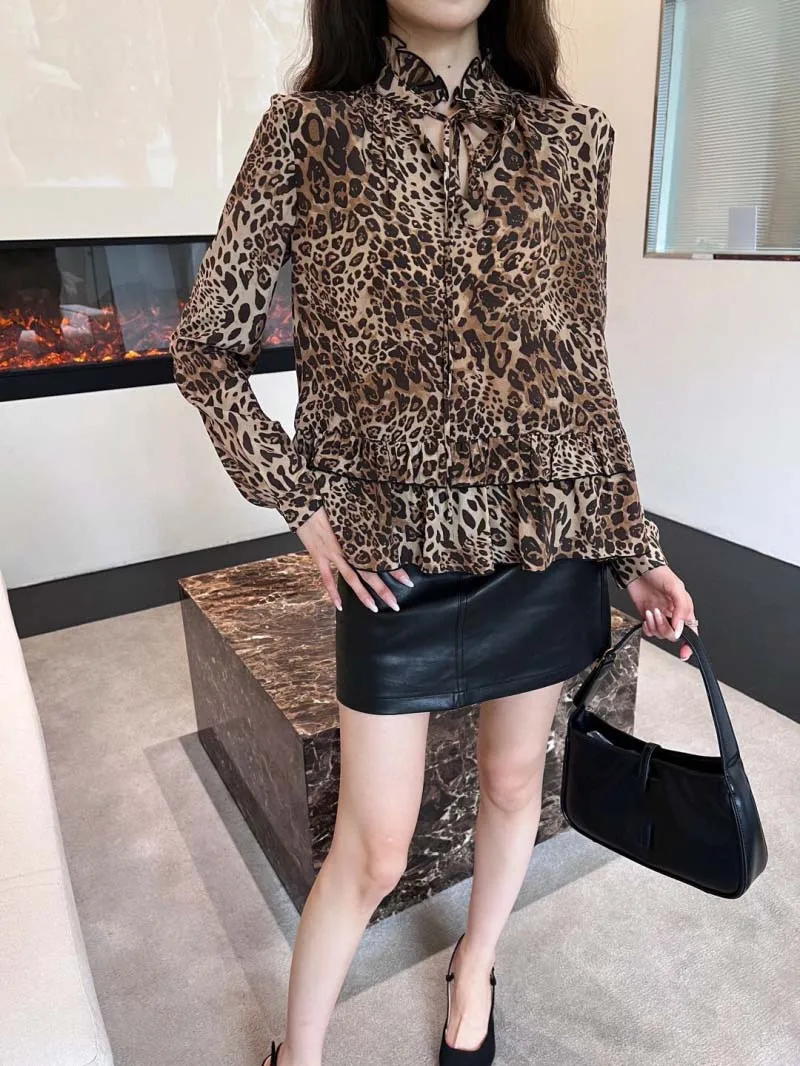 High street ladies' fashionable and trendy shirt with ruffled edges and long sleeved leopard print silk shirt