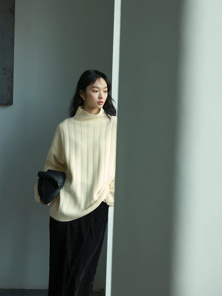 

Moofeel Wool Knit High Collar Sweater 2023 Autumn Winter Commute Sle Long Sve Overhead Knitted Top Women's Faion