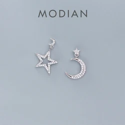 MODIAN Twinkle Zircon Star Moon Asymmetry Dangle Earring for Women 925 Sterling Silver Wedding Engagement Earring Fine Jewelry