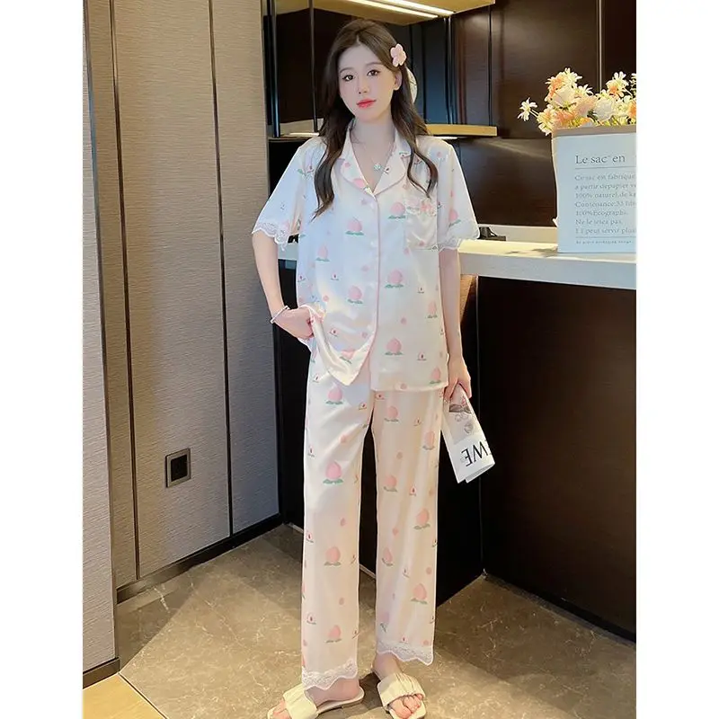 Womens Satin Pajamas Short Sleeve Button Sleepwear Peach Print Lace Trim Silk Loungewear Two Piece Pj Sets Long Pants Pijama New