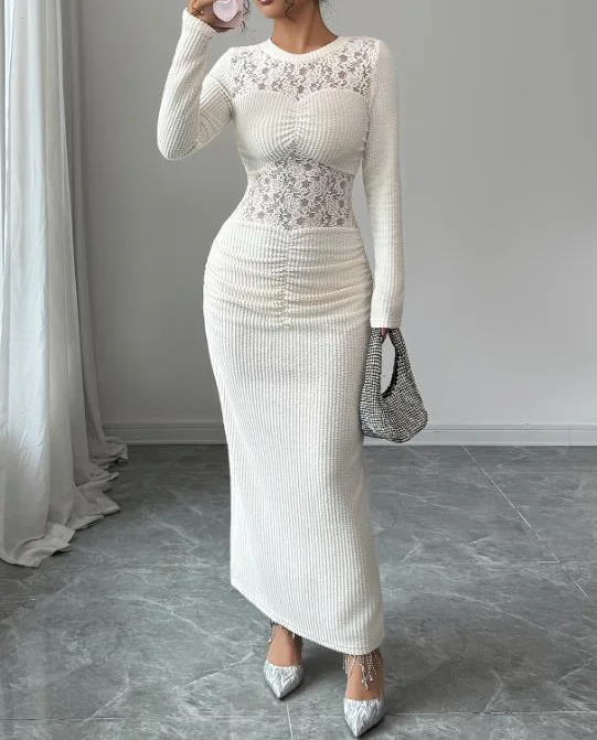 

Womens Dresses 2025 Spring Autumn New Solid Color Elegant Lace Patchwork Long Sleeve Casual Round Neck Hip Wrapping Long Dress