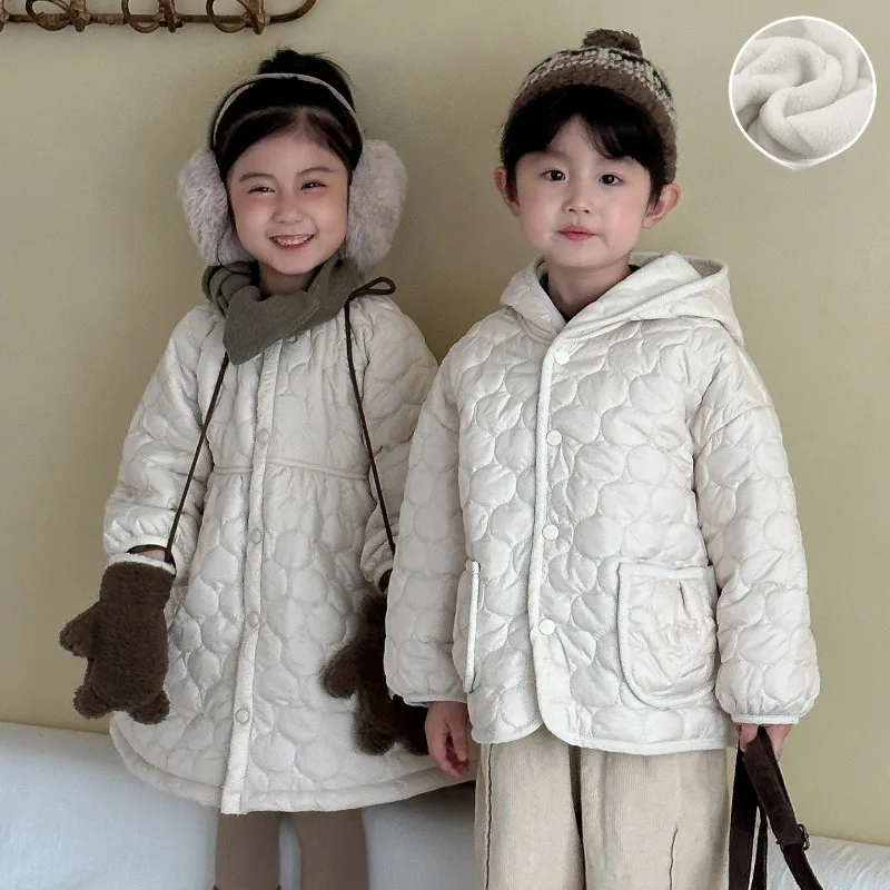 2025 Winter Siblings Clothes 2-8T Simple Style Boys Plush Velvet Hooded Jacket Girls Baby Quilted Dress Coat Children's Outfits