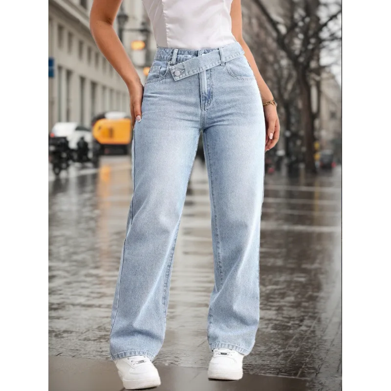 Women's Jeans [Popular] Blue Women's Casual Light Blue Washed Overlapping Waist Loose Straight Jeans, Now
