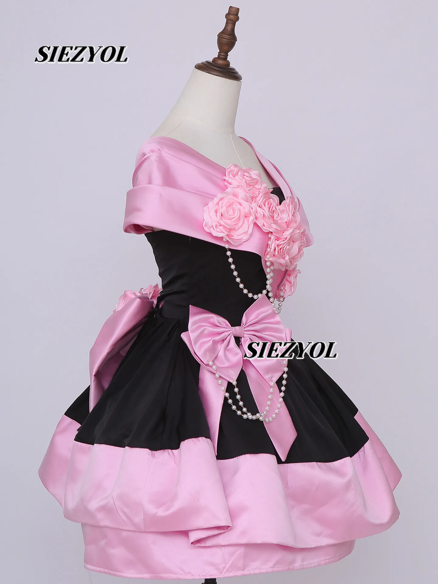 Lolita Sweet Girl Flower Bow Princess Dress Summer Contrast Color High Waist Off-shoulder Birthday Banquet Party Short Dress