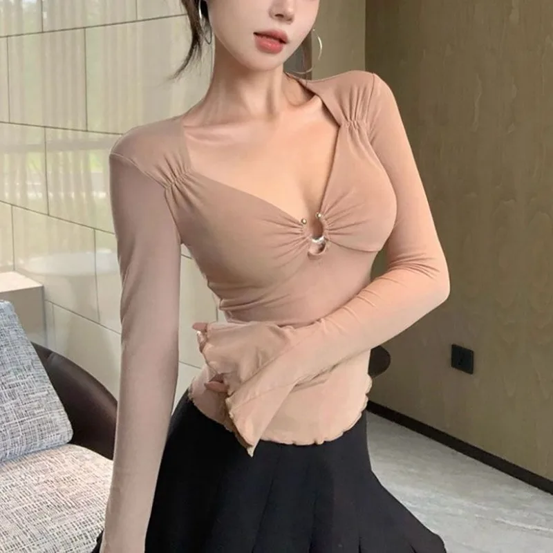 Y2k Clothes Sexy T Shirt For Women Square Neck Spring Autumn Slim Fit Ropa De Mujer American Retro Flare Sleeve Short Tees