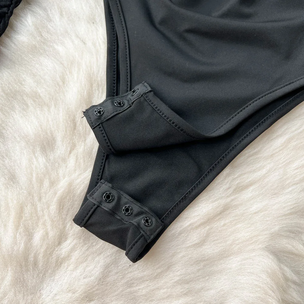 Sexy Gauze Folds Solid Bodysuit Fashion Long Sleeve O-neck One Piece Basic Hotsweet Women Gothic Slim Streetwear Jumpsuit Ins