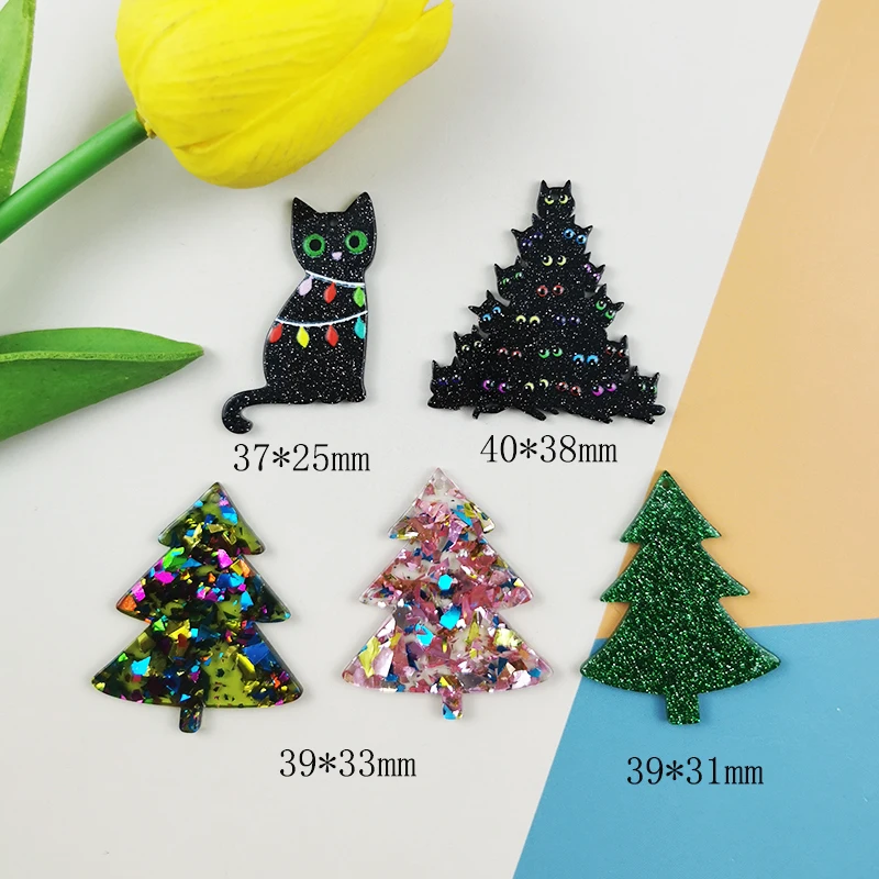 MuhNa 10pcs Glitter Christmas Tree Black Cat Tree Charms Acrylic Earring Pendant for Jewelry Making DIY Necklace Xmas Gifts