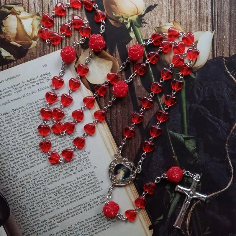 Red Hearts Catholic Rosary Necklace Beads Holy Figure Jesus Hanging Pendant Charm for Women Men Church Decoration Gift