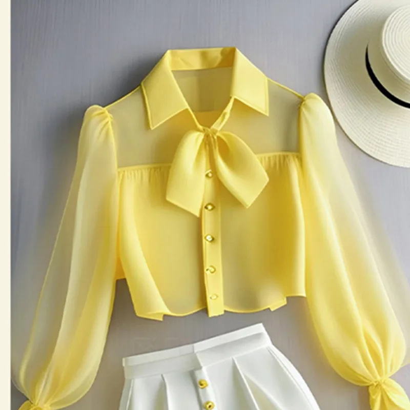 Chiffon Yellow Lapel Neck Perspective Top OL Shirt White Casual Pants Sets 2 Piece Womens Outfits Spring Summer Suit Blouse 3063