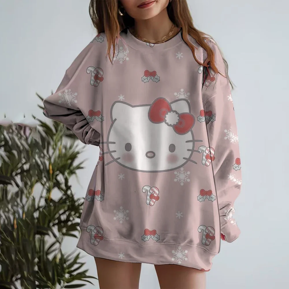Sudadera con estampado bonito de Hello Kitty para mujer, moda de otoño, sudadera informal holgada con cuello redondo para mujer