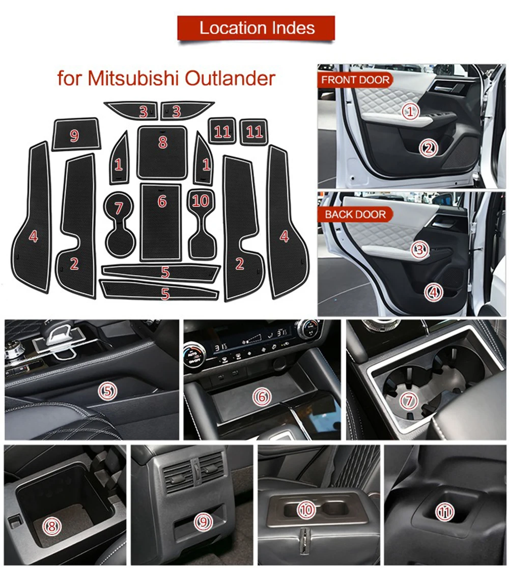 For Mitsubishi Outlander 2013~2023 Door Slot Mat Car Gate Groove Cushion with Rubber Cup Holder Mats Anti-slip Carpets Position