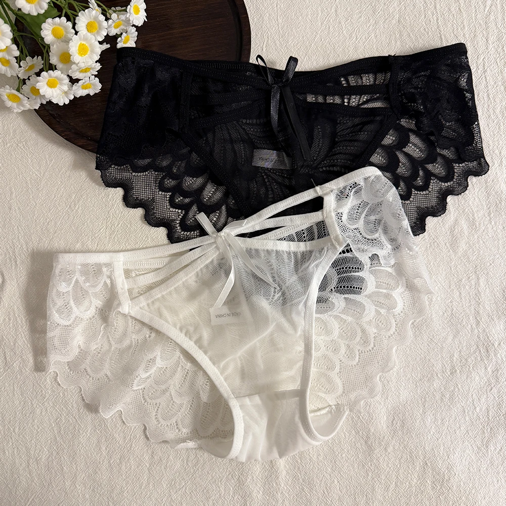 

Iozey lace translucent sexy Panties black and white breathable bottom pure cotton mesh women's panties hot 2pcs/set