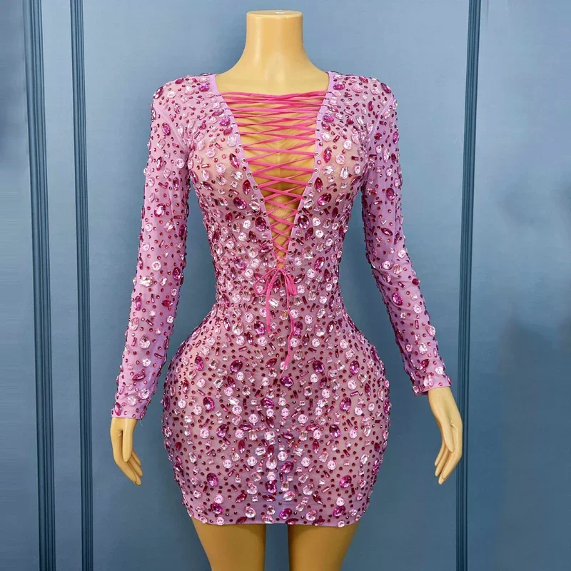 Ropa de baile de Jazz para mujer, vestido de fiesta con diamantes de imitación rosas, traje de noche Sexy con escote en V profundo, disfraz de Festival Dj Ds para club nocturno