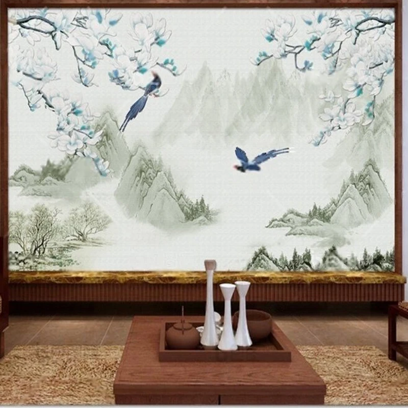 

Chinese-style Jiangnan magnolia flower traditional Chinese painting TV luxury home living room home decoration background wall