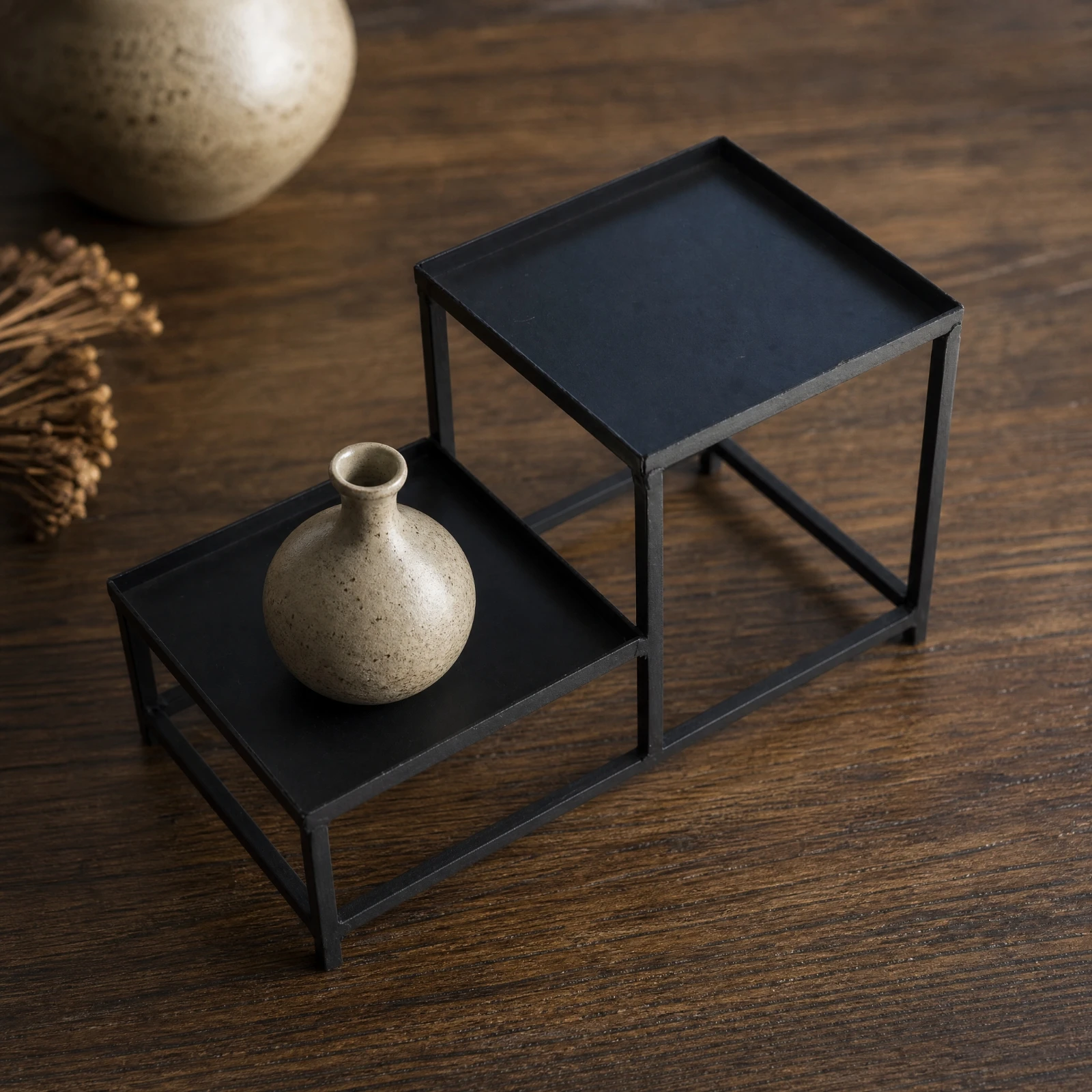 Black Iron Display Stand with Square Tray Platform Elevated Open-Frame Display Riser with Straight Legs Slim