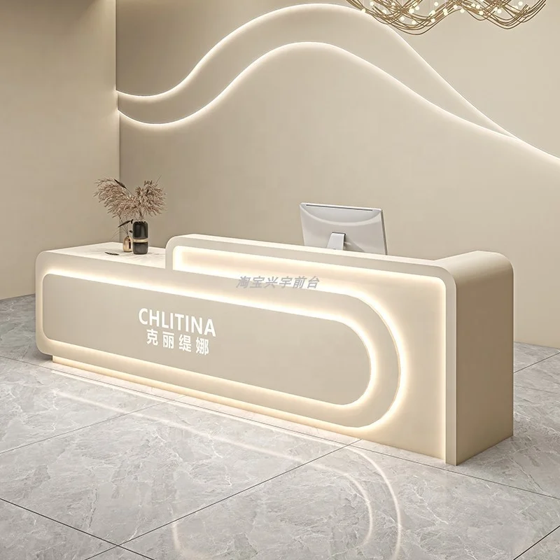 Modern Cream-Colored Handcrafted Wood Front Reception Desk For Hotel School Bar Beauty Salon Hair Salon Clothing Store