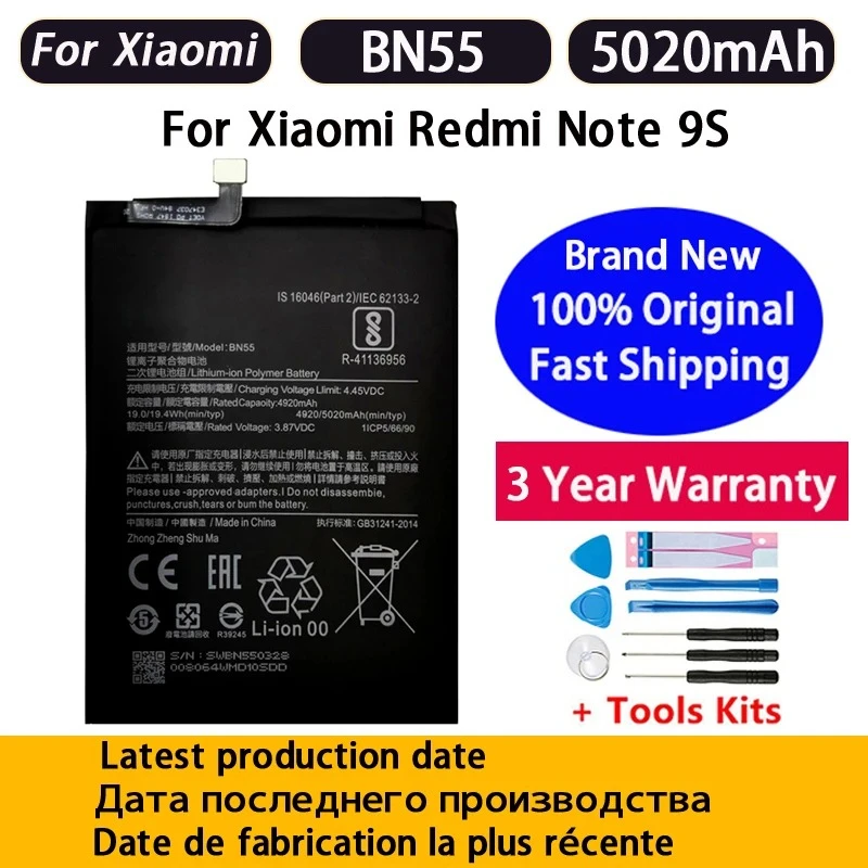 5020mAh Replacement Battery For Xiaomi Redmi Note 9S Note9S BN55 Genuine Phone Batteries Bateria Batterij Fast Shipping +Tools