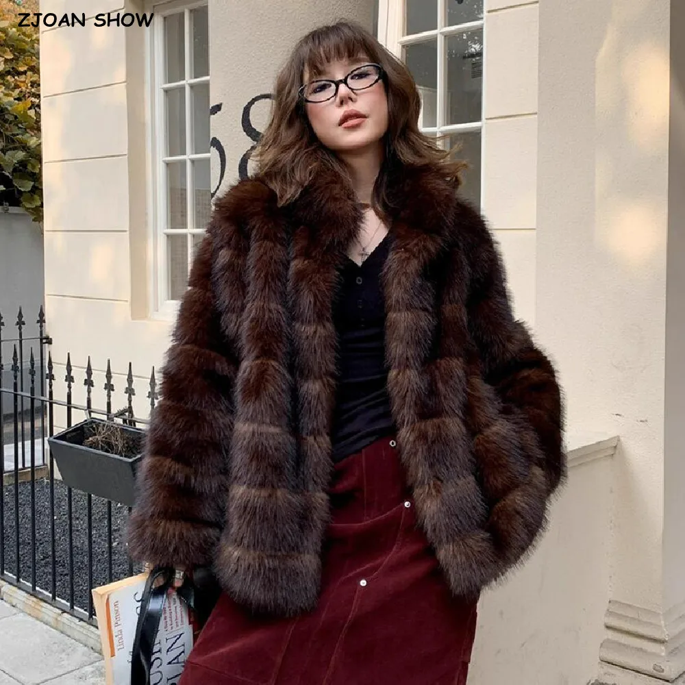 New 2025 Winter Vintage Brown Embossing Strip Line Faux Mink Fur Coat CHIC Women Stand Collar Long Sleeve Loose Outerwear Warm