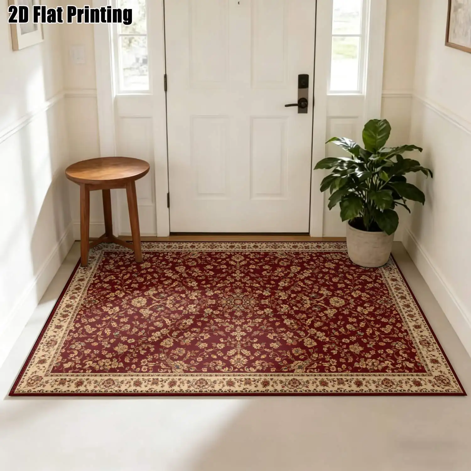1Pc 2D Printed Retro Floral Red-Brown Carpet: European, Vintage, Geometric, Bohemian Style, Machine Washable, Multi-Size Home Decor for Living Room, Bedroom, Dining Room, Entrance, Study
