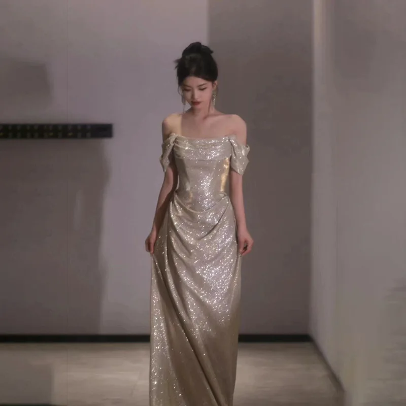 ประกายเลดี้ชุดราตรีเซ็กซี่ปิดไหล่ชุดแต่งงานชุดราตรีอารมณ์สง่างามชุดสตรี Vestidos