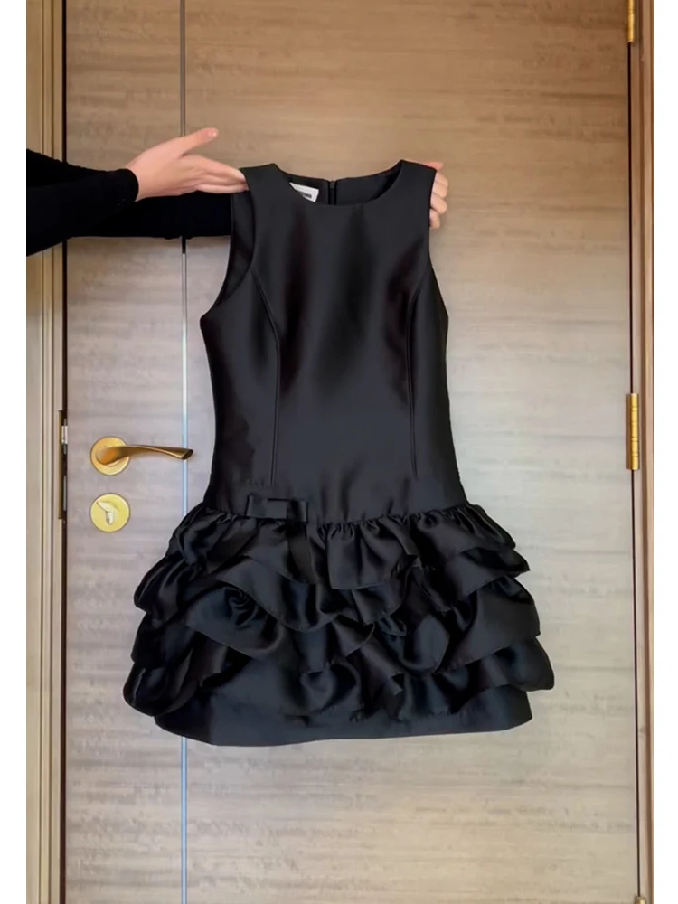 

French Style Holiday Slim Fit A-line Dress Women's Summer Sleeveless Ruffled Black Satin Dress Fashion Female Clothes