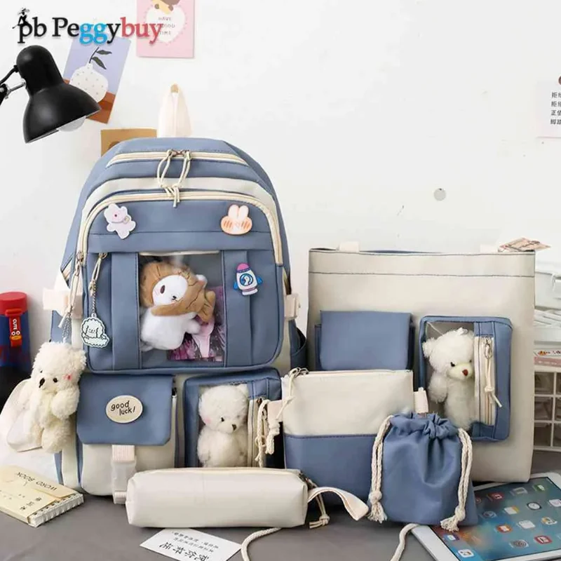 5 sztuk/zestaw Kawaii kobiety plecak koreański ładna dziewczyna Bookbags duża pojemność nastoletni uczeń tornister dorywczo płótno plecak podróżny