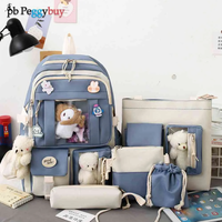 5pcs/set Kawaii Women Backpack Korean Cute Girl Bookbags Large Capacity Teenage Student School Bag Casual Canvas Travel Rucksack