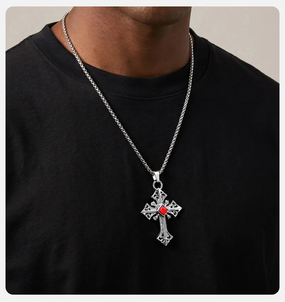 Vnox Gotische Kreuz-Anhänger-Halskette, Vintage Punk Legierung Kreuzkette, Religiöses Amulett-Schmuckgeschenk für Männer Frauen Hip-Hop-Halskette – Detail 6