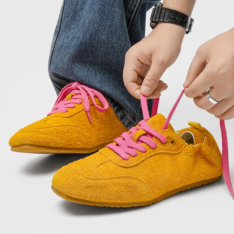 

Fashion Men Women Sneakers Flat Shoes Spring Summer Candy Color Round Toe Suede Leather Lace-Up Comfort Soft Casual Single Shoes