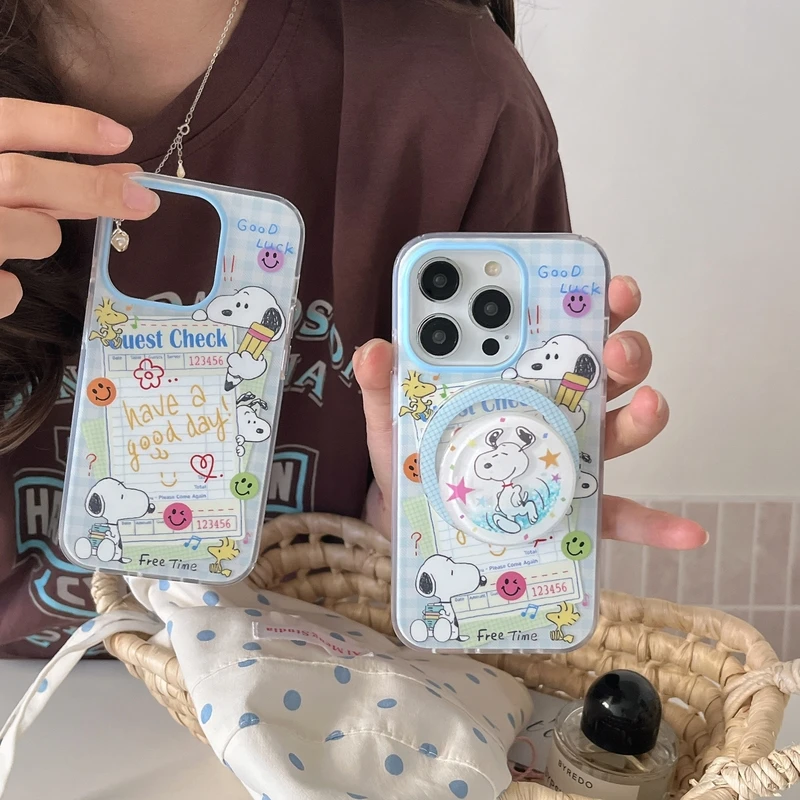 Cute Cartoon Snoopy Charlie Brown Magnetic Holder Magsafe Wireless Charge Phone Case For iPhone 17 16 15 14 13 12 Pro Max Cover