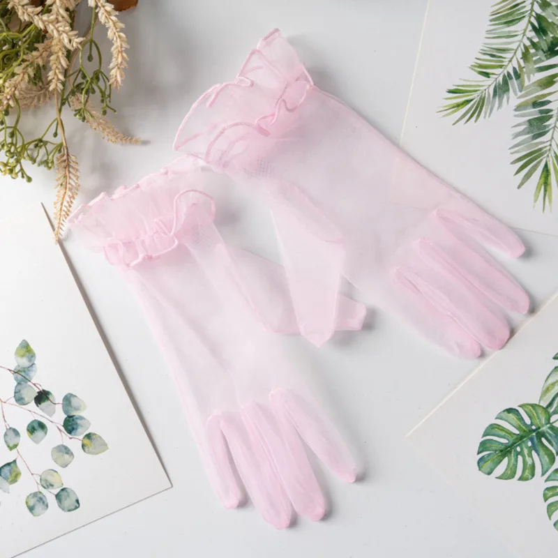 Ultra-thin Transparent Mesh Gloves Women Lace Full Finger Short Tulle Gloves Solid Stretchy Wrist Length Wedding Party Mittens