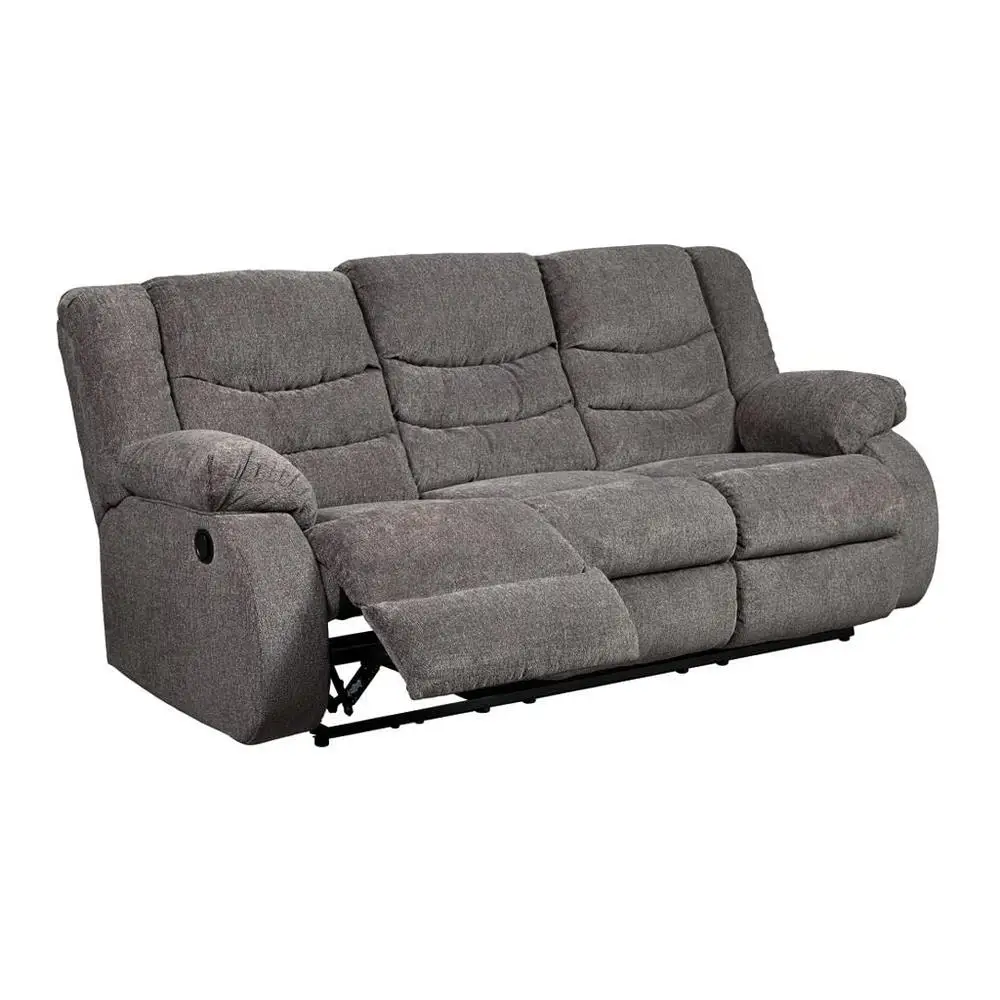 Modern Gray Chenille Reclining Sofa with Comfortable Foam Cushions Pull Tab Motion 87