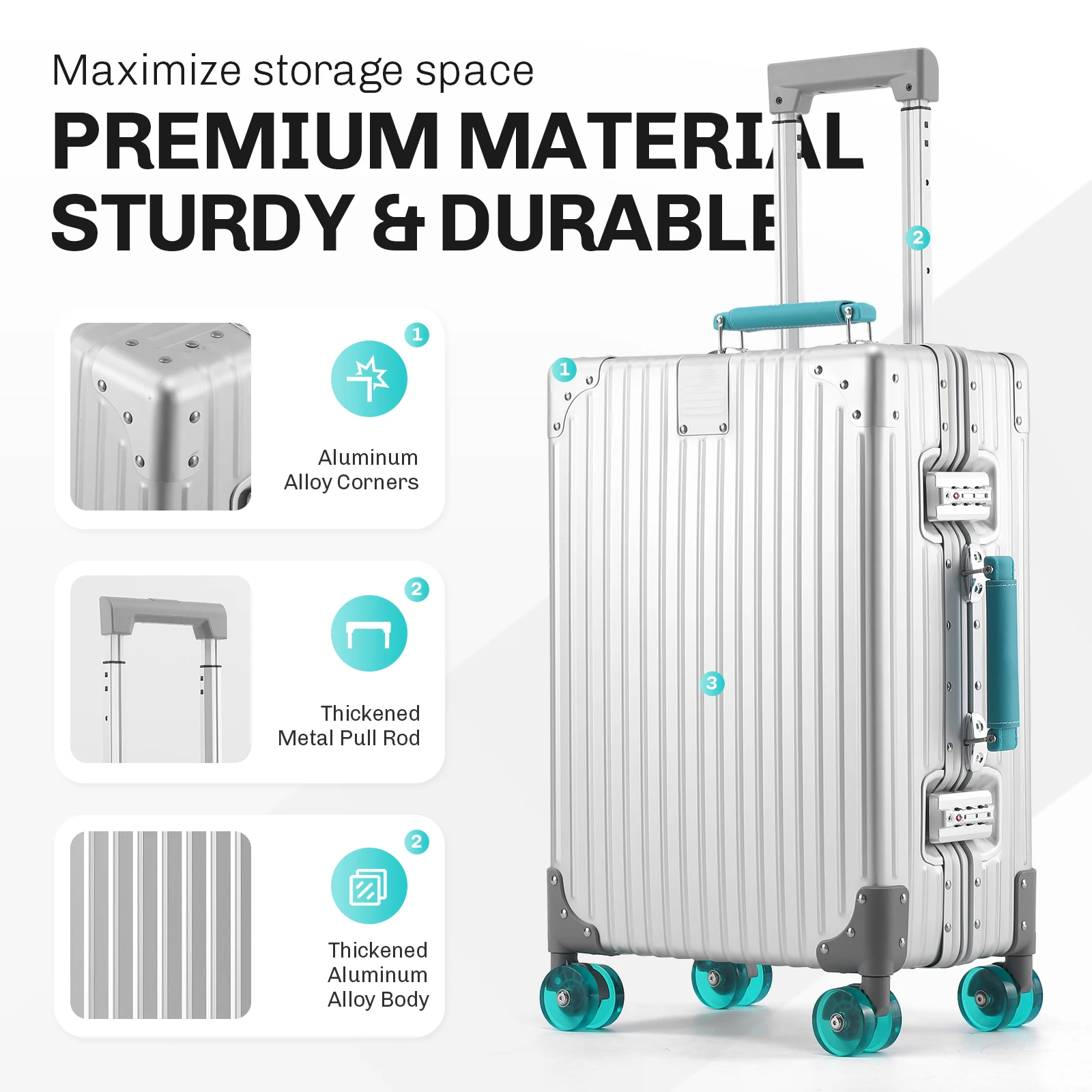 AIWEINY Aluminum Magnesium Alloy Carry On Luggage, Silent TPE Wheels, TSA Lock Lightweight Hard Shell Rolling Suitcase forTravel