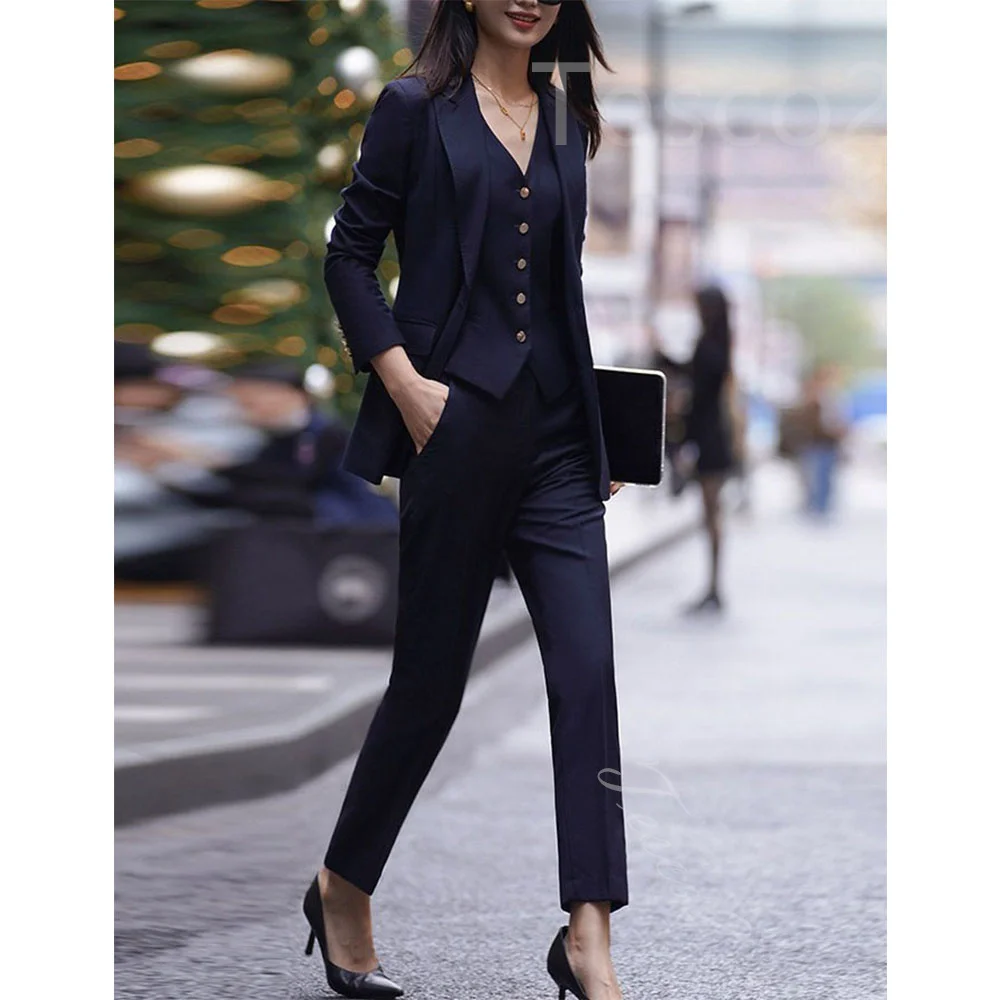 Tesco2 Navy Blue Professional Women\'s Pant Sets Slim Fit Blazer Jacket And Pencil Pants Formal Office Lady Suit Sets 2PCS/3PCS