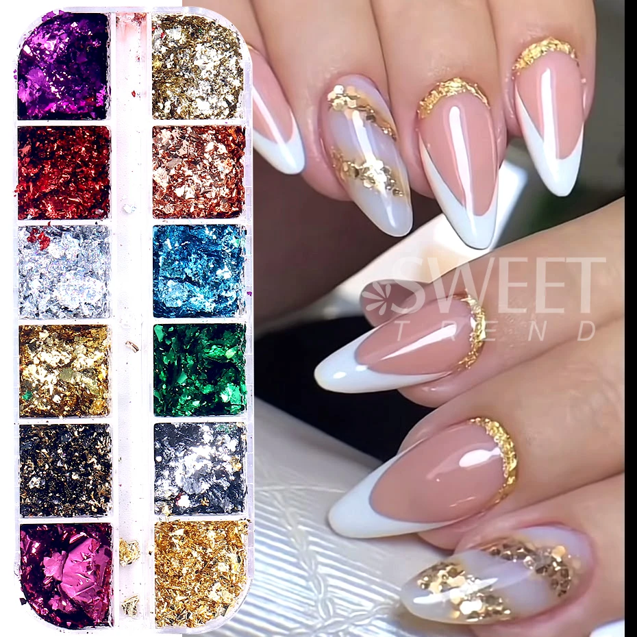 12 grilles feuilles d'or ongles paillettes aléatoires holographiques aluminium feuille d'ongle flocons autocollants paillettes manucure décor fournitures d'ongles