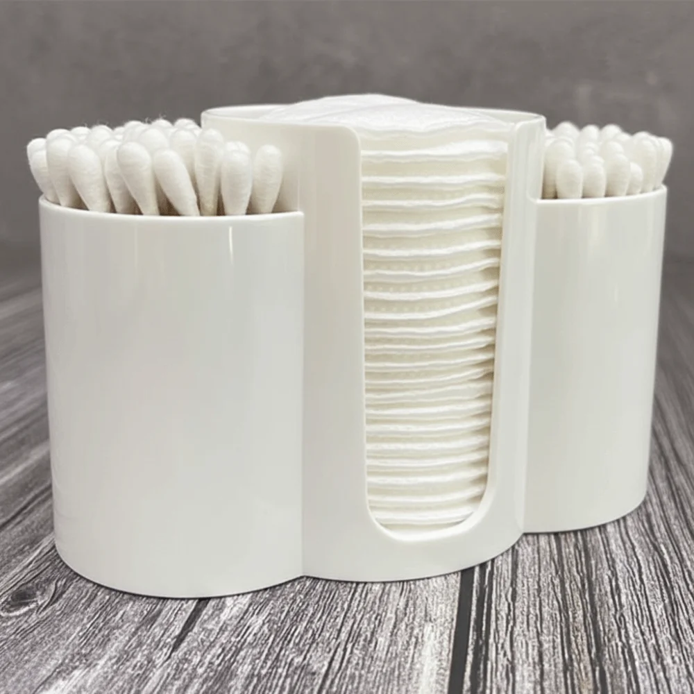 

Compact Cotton Pads and Sticks Organizer 3 IN 1 Large Capacity Cosmetic Pads Container Plastic Makeup Box