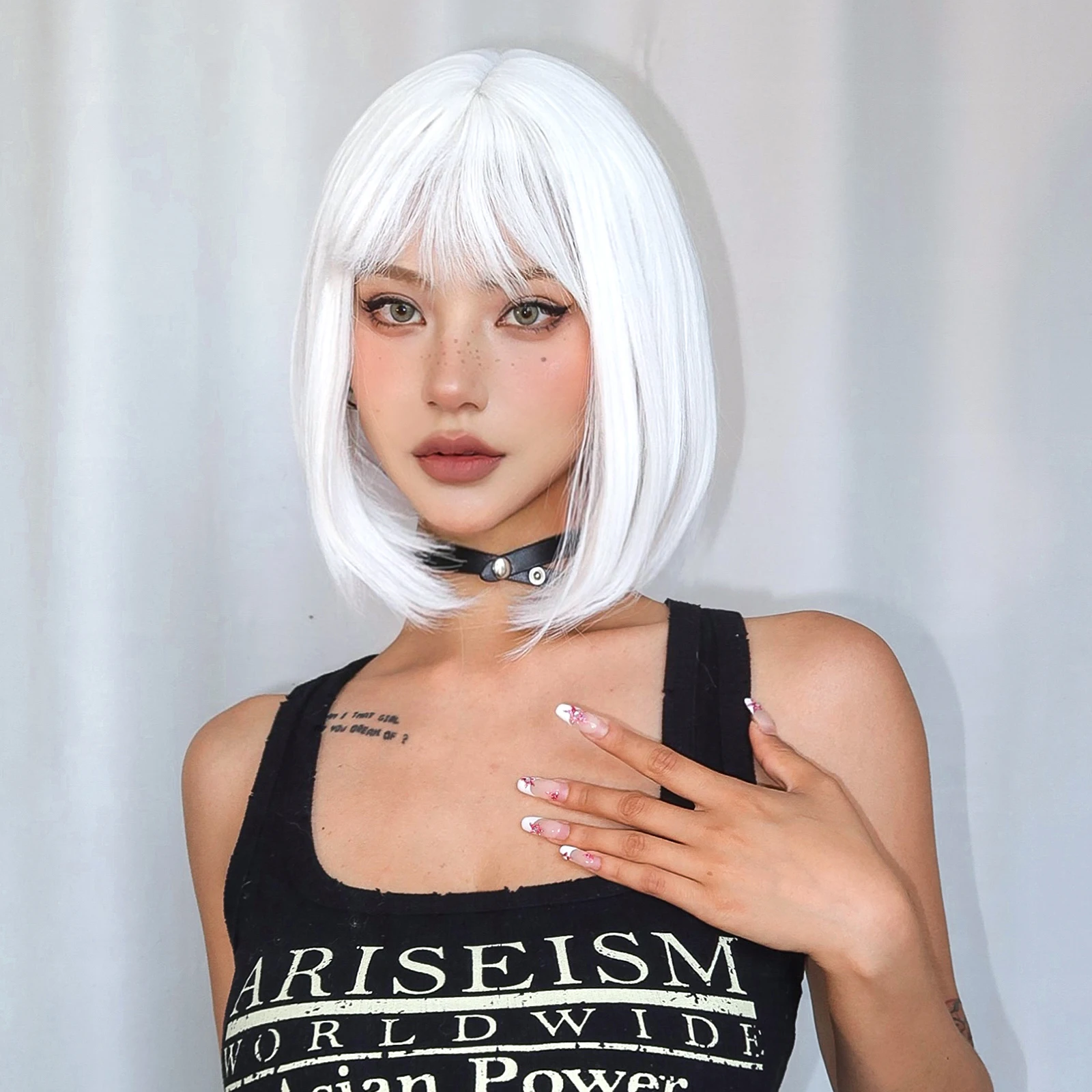 

White 12 Inch Bob Short Straight Hair Wig with Bangs Cute Synthetic Fiber Women's Wig Natural Look for Daily Halloween Party Cos