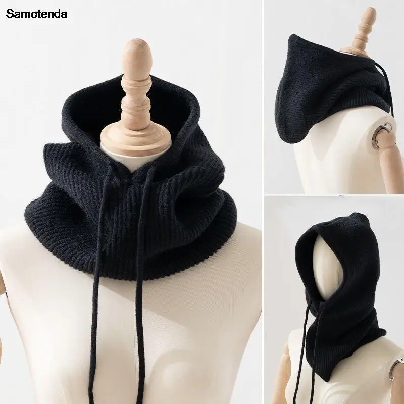 2023 Unisex Knitted Head Hood Faux Cashmere Hooded Neck Collar Cap Head Drawstring Thick Beanie Men Women Adjustable Elastic Hat