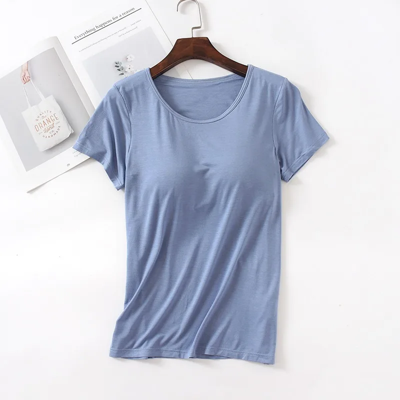 Women\'s T-Shirts Short Sleeve With Padded Wireless Bust Base Layer Tops Round Neck Sleep Tops Cotton Female Blouse Outwear