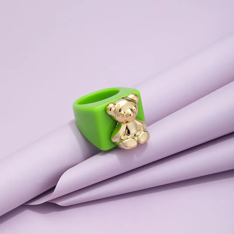 2024 New INS Cute Cartoon Resin Acrylic Bear Metal Rings For Women Girls Candy Color Aesthetic Square Rings Wholesale Jewelry