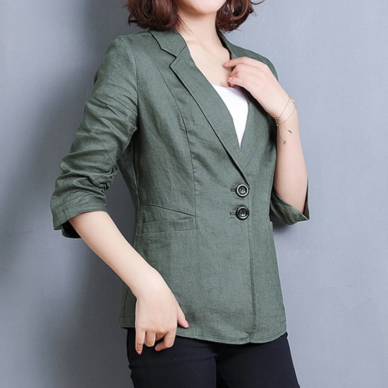 QOERLIN Notched Collar Blazer Linen Suit Jacket Women 2022 New Slim Thin Summer Cotton Linen Pocket Two Buttons Suit Office Lady