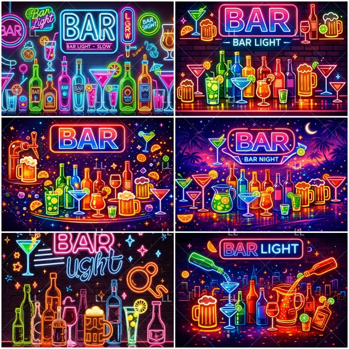 

Neon Tiki Bar Backdrop Party Decoration Colorful Tree Cocktails Beer Mugs Bottles Photography Background Club Events Photo