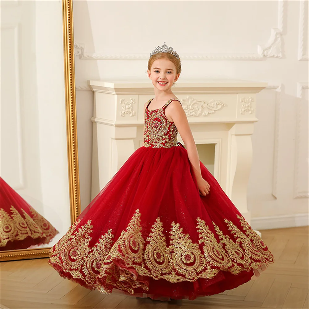 Gorgeous Red Flower Girl Dress Thin Shoulder Straps Sleeveless For Customize Wedding Dresses Kids Birthday Party Communion Prom