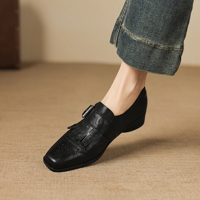 2026 Women's Genuine Leather Fringe Slip-on Low Heel Loafers Leisure Soft Comfortable Casual Female Moccasins Shoes for Woman